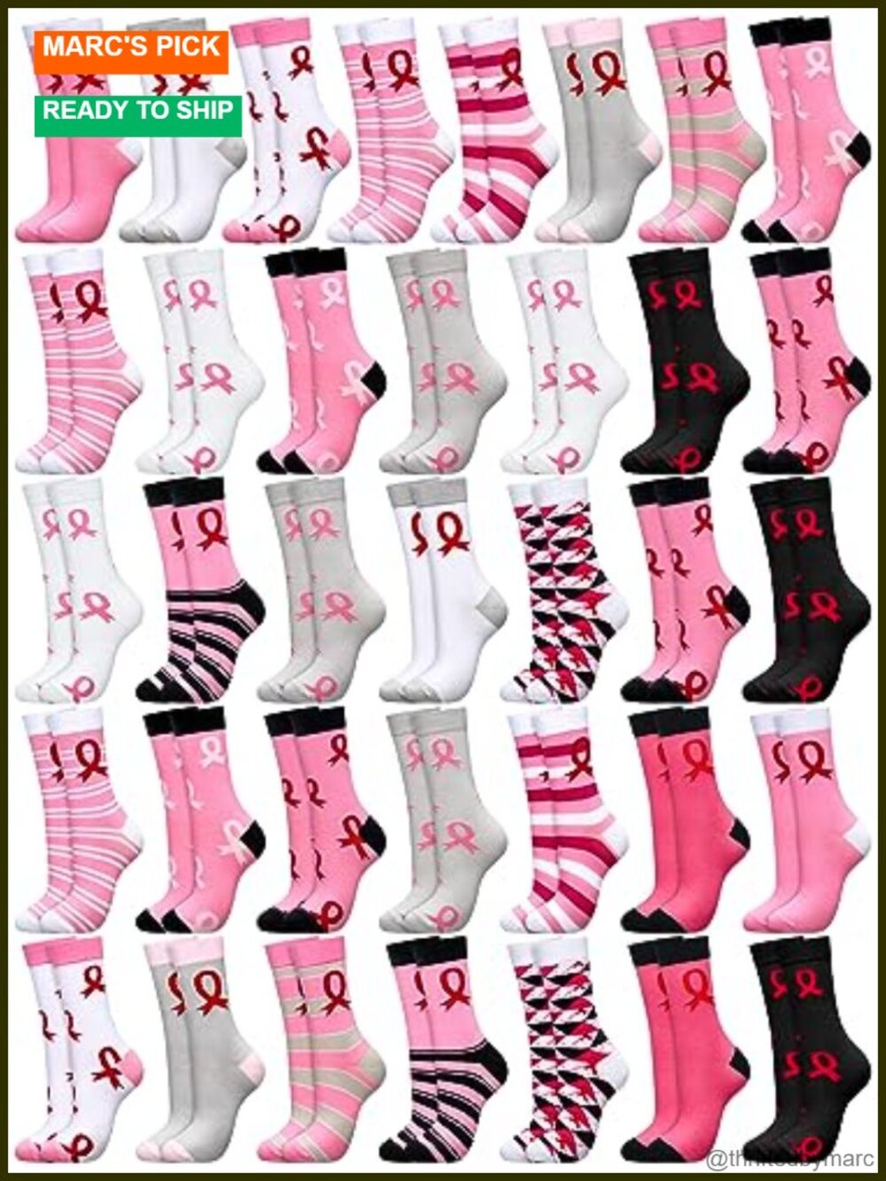 Breast Cancer Awareness Crew Socks 36 Pairs Polyester Pink Ribbon